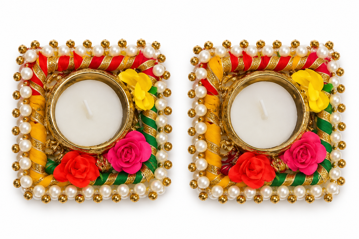 Set of two floral tealight holders with pearl-style beads